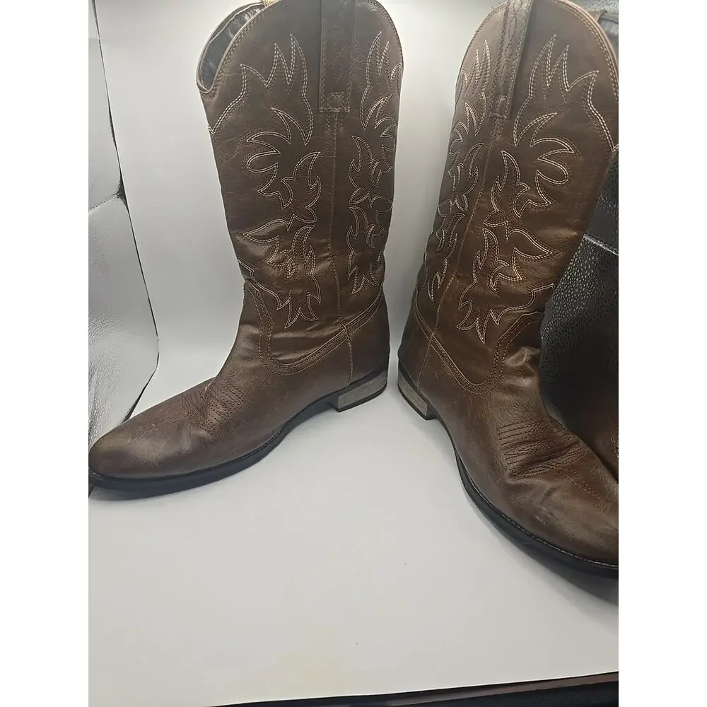 IUV CB-503 Men's Brown Faux Leather Western Cowboy Boots - Size 10